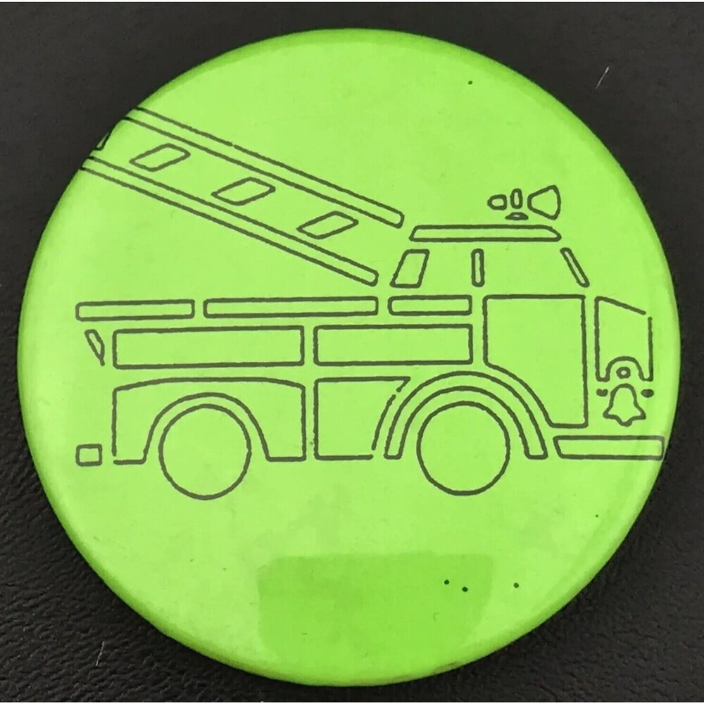 Fire truck Pin Button Vintage Neon Green Pinback